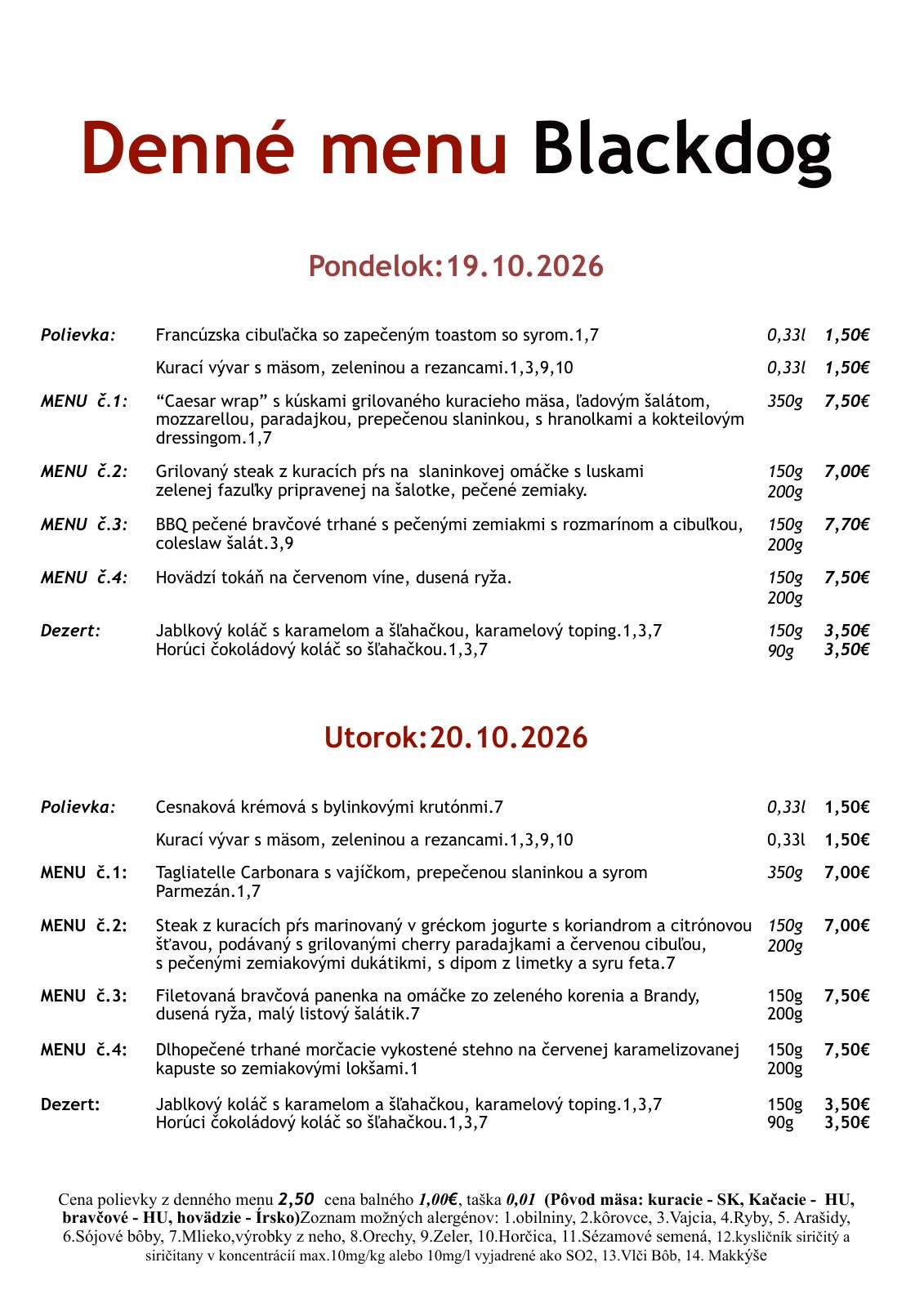Denné menu reštaurácie Blackdog Restaurant — strana 1 z 2