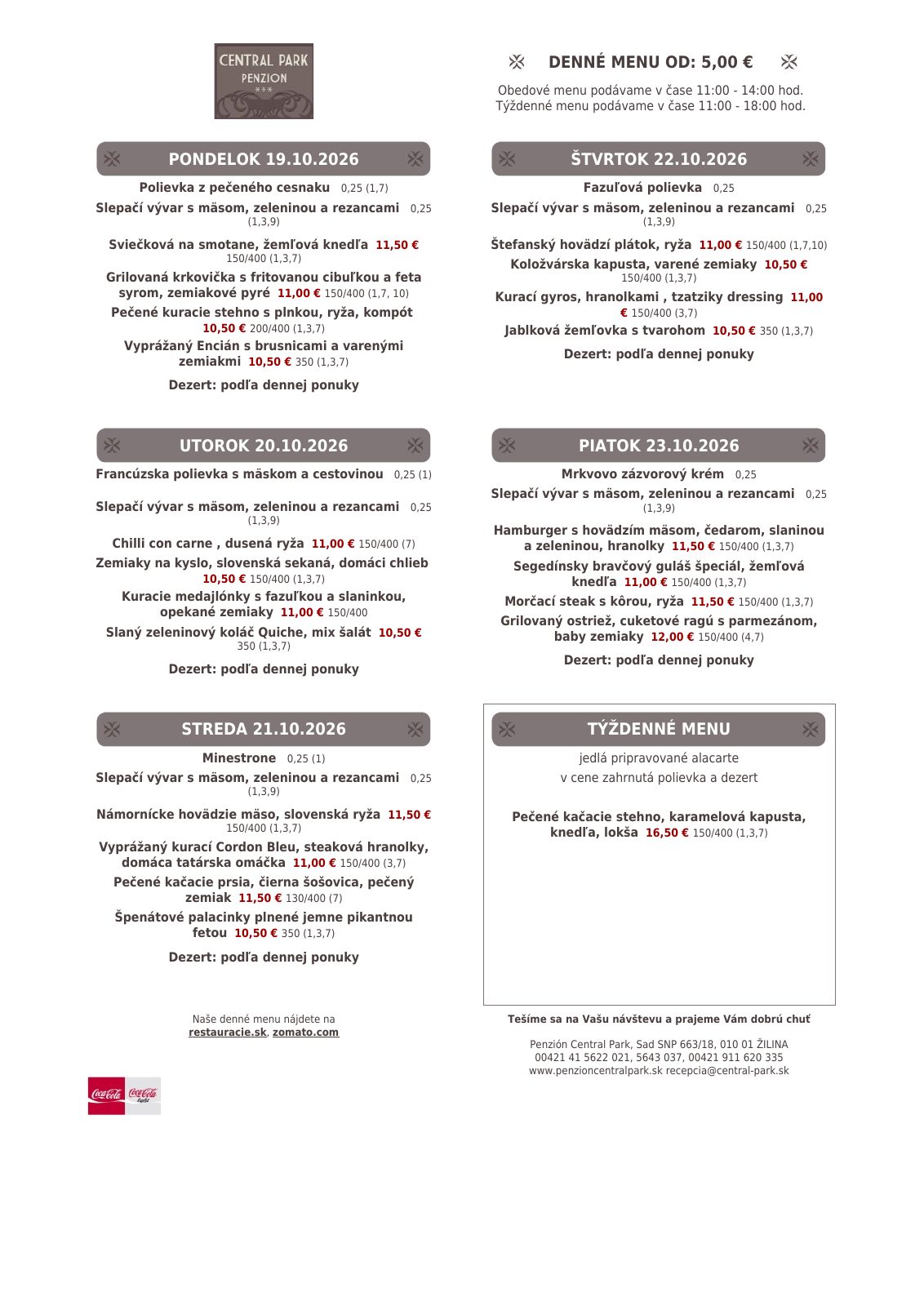 Denné menu reštaurácie Penzión Central Park