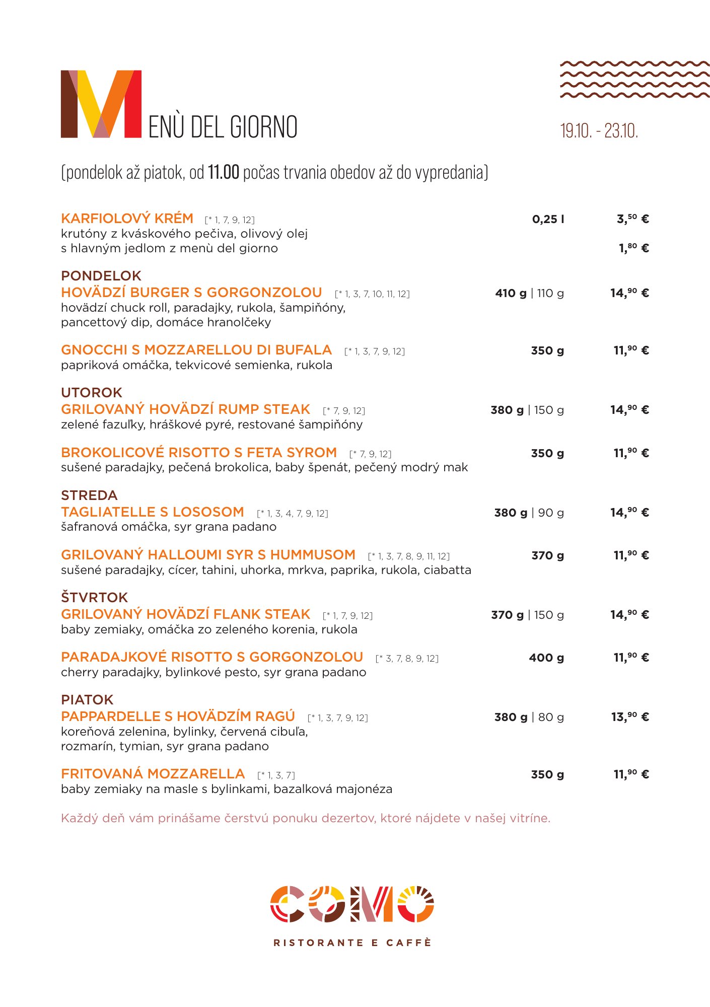 Denné menu reštaurácie COMO Eurovea