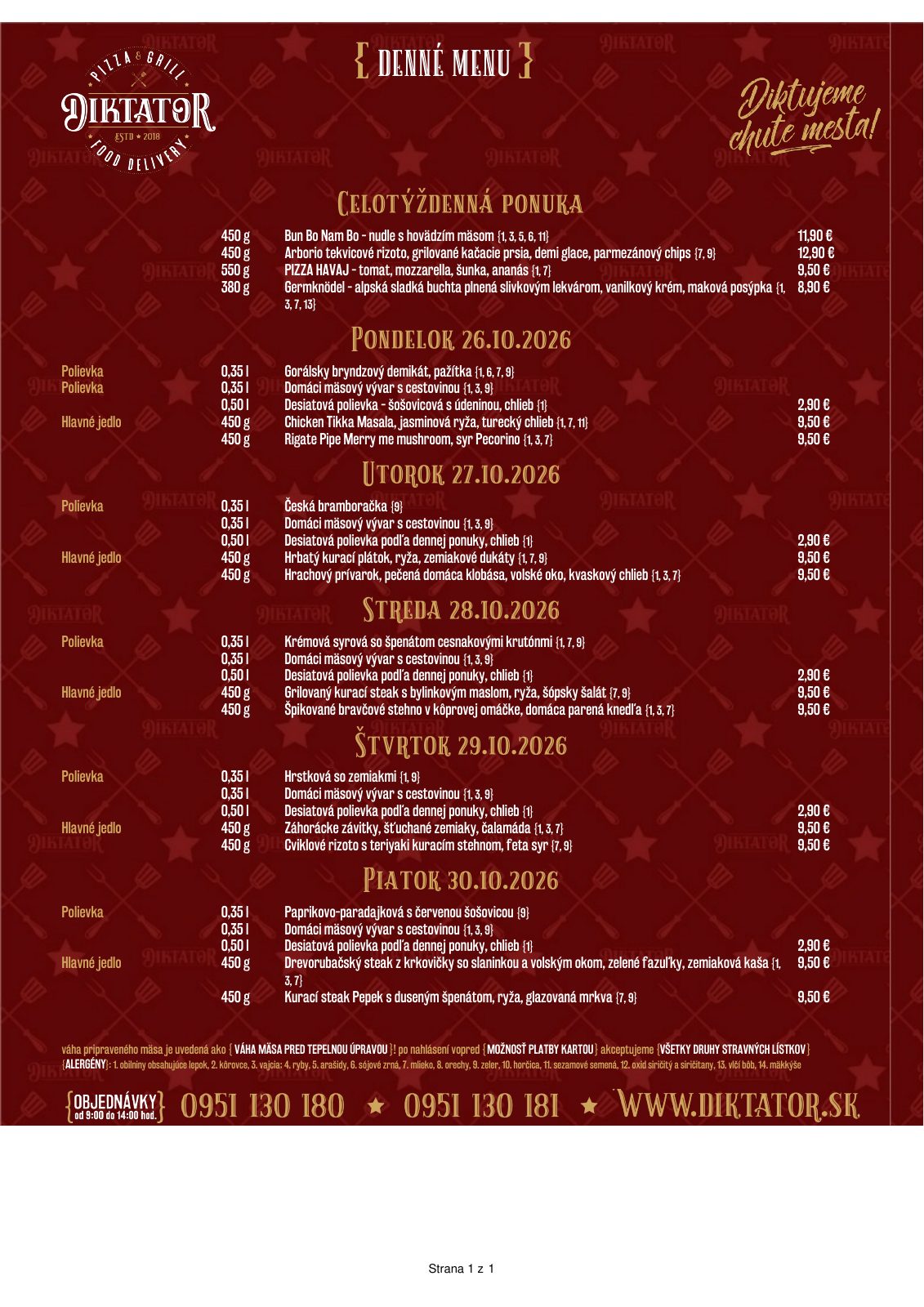 Denné menu reštaurácie Diktátor
