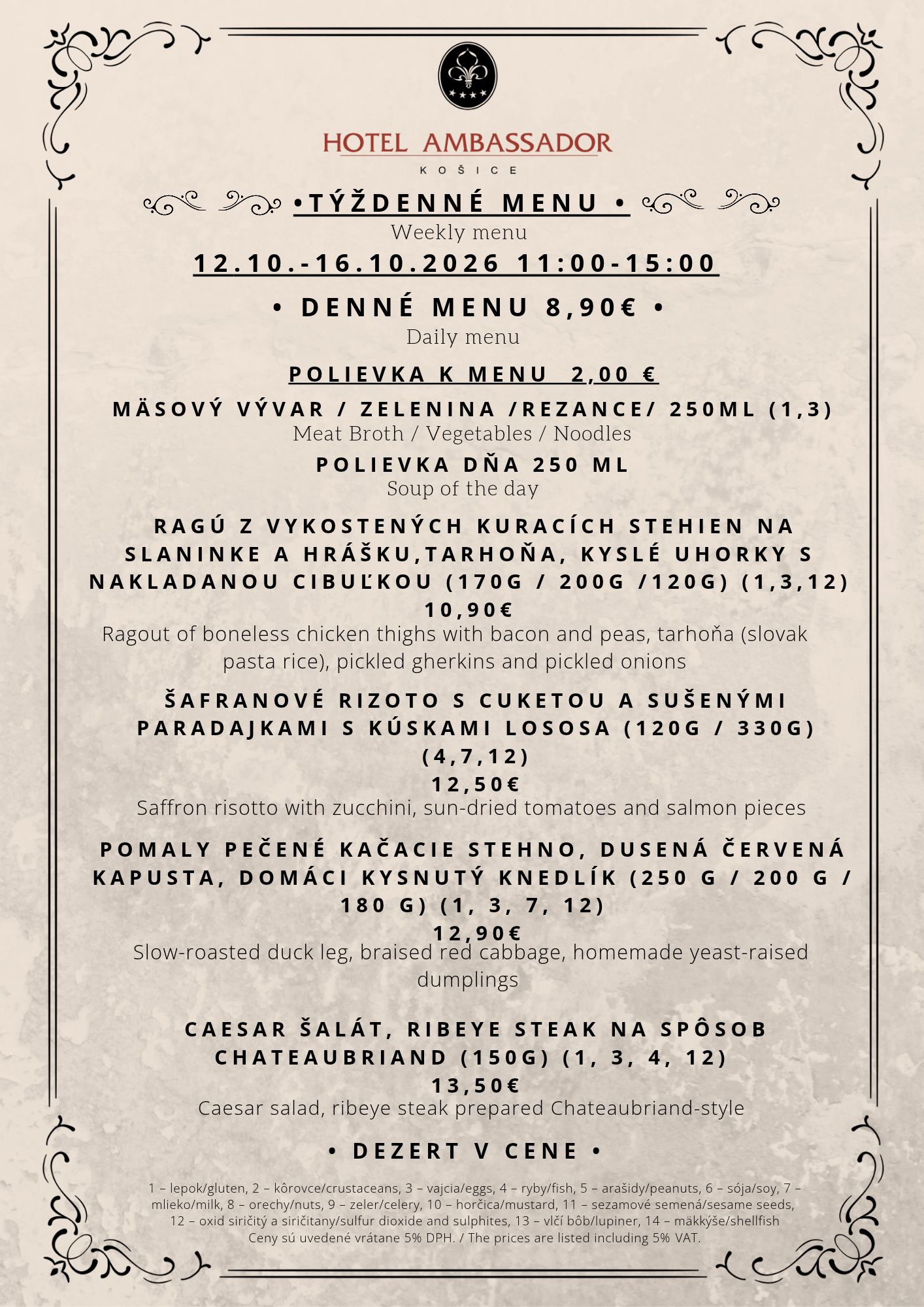Denné menu reštaurácie Hotel Ambassador