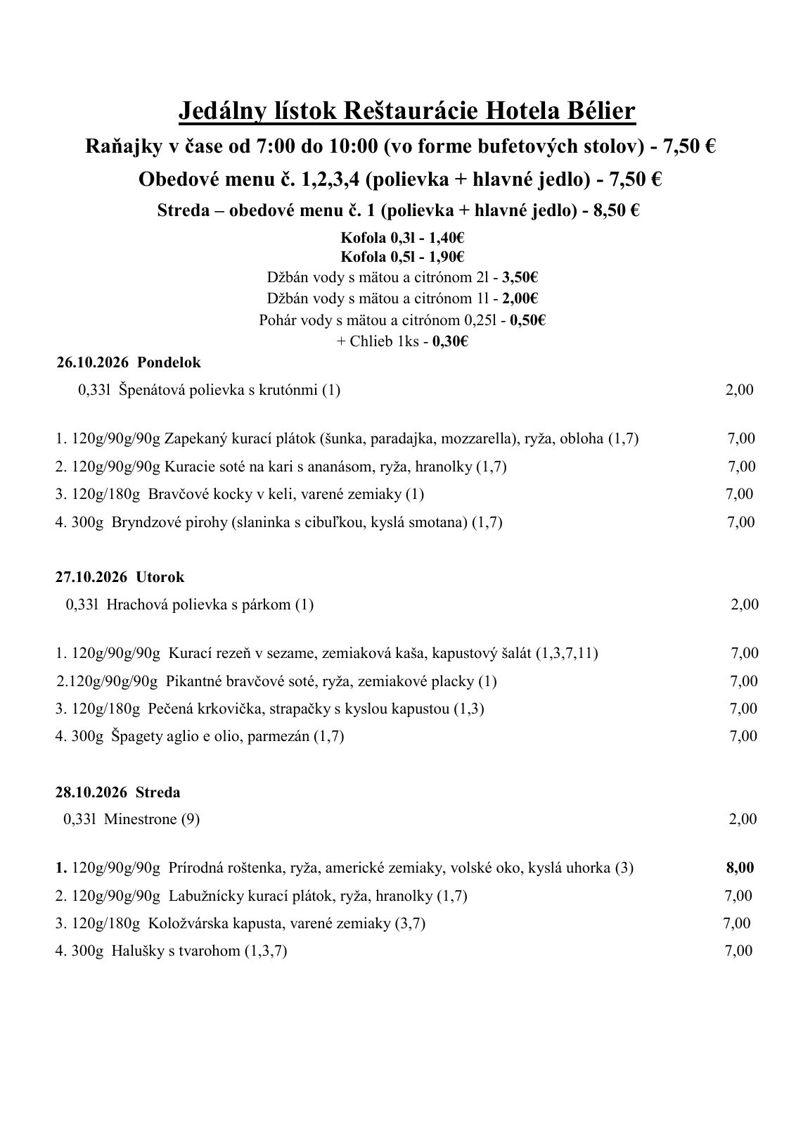 Denné menu reštaurácie Hotel Bélier — strana 1 z 2