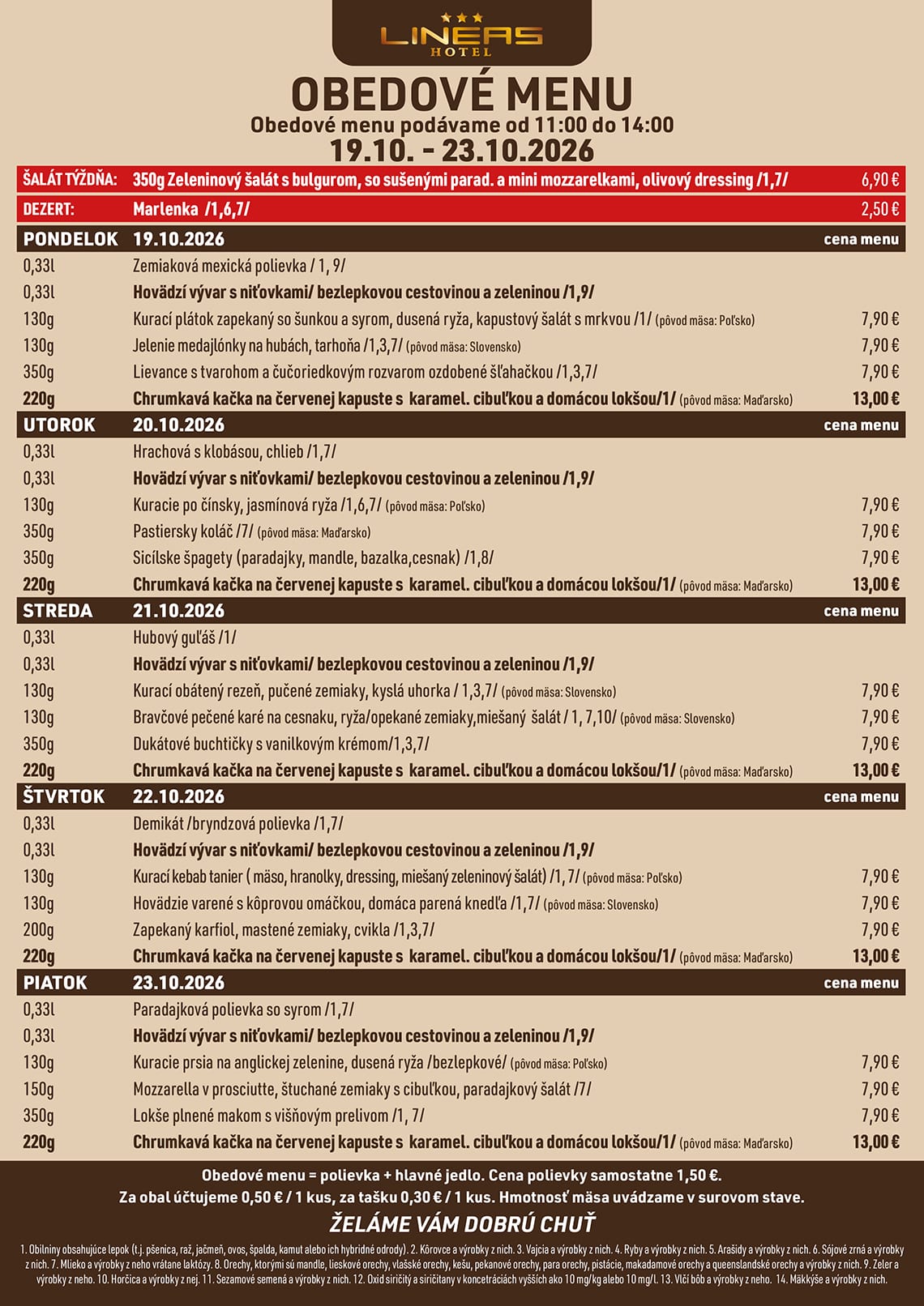 Denné menu reštaurácie Hotel Lineas