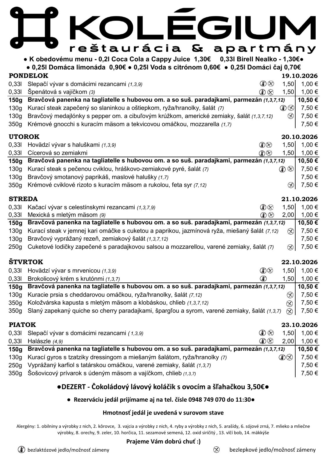 Denné menu reštaurácie Apartmány Kolégium