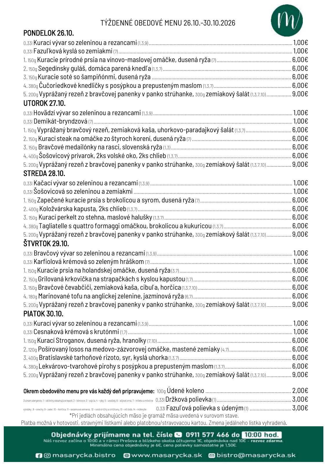 Denné menu reštaurácie Masaryčka bistro