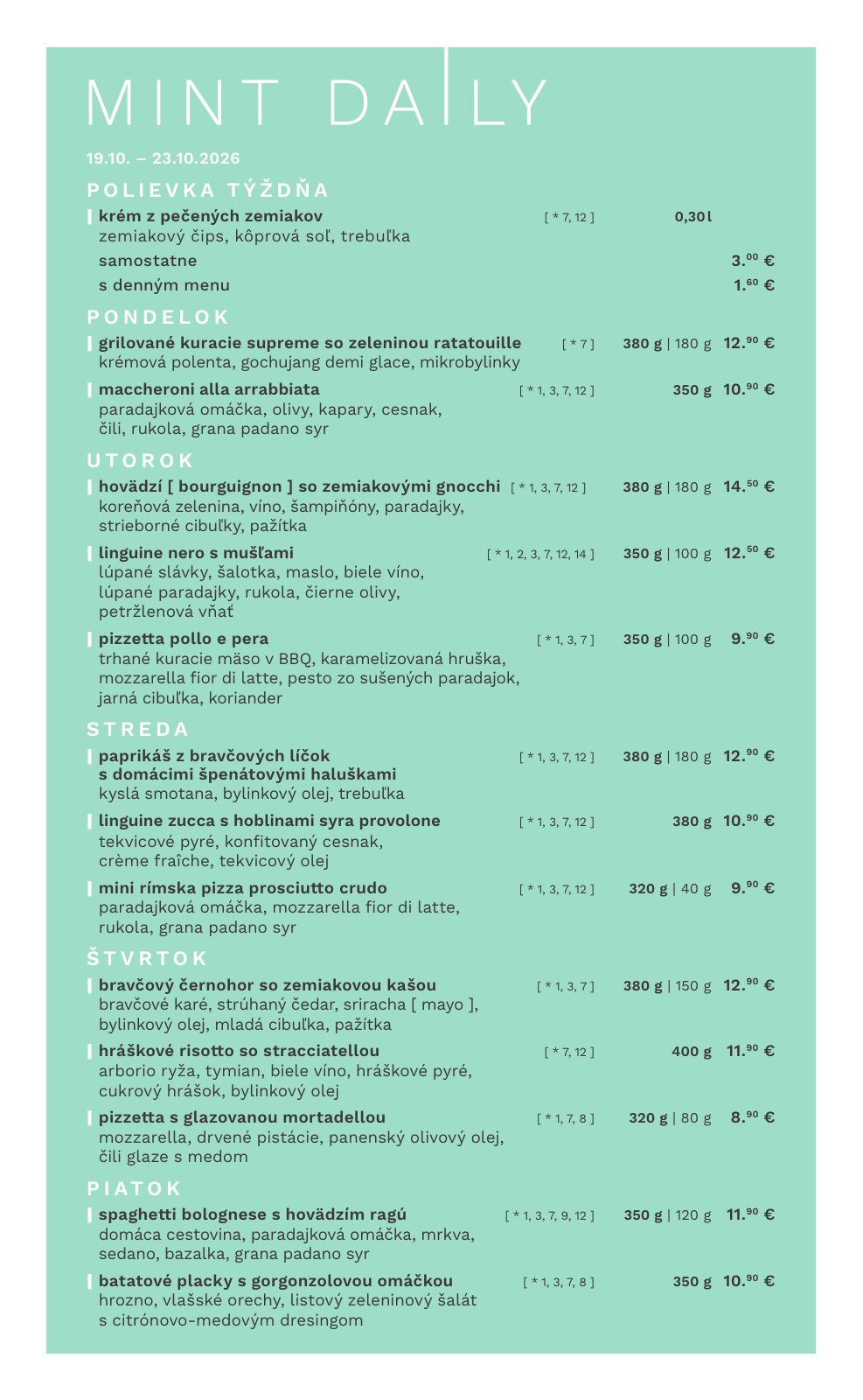 Denné menu reštaurácie MINT Pradiareň