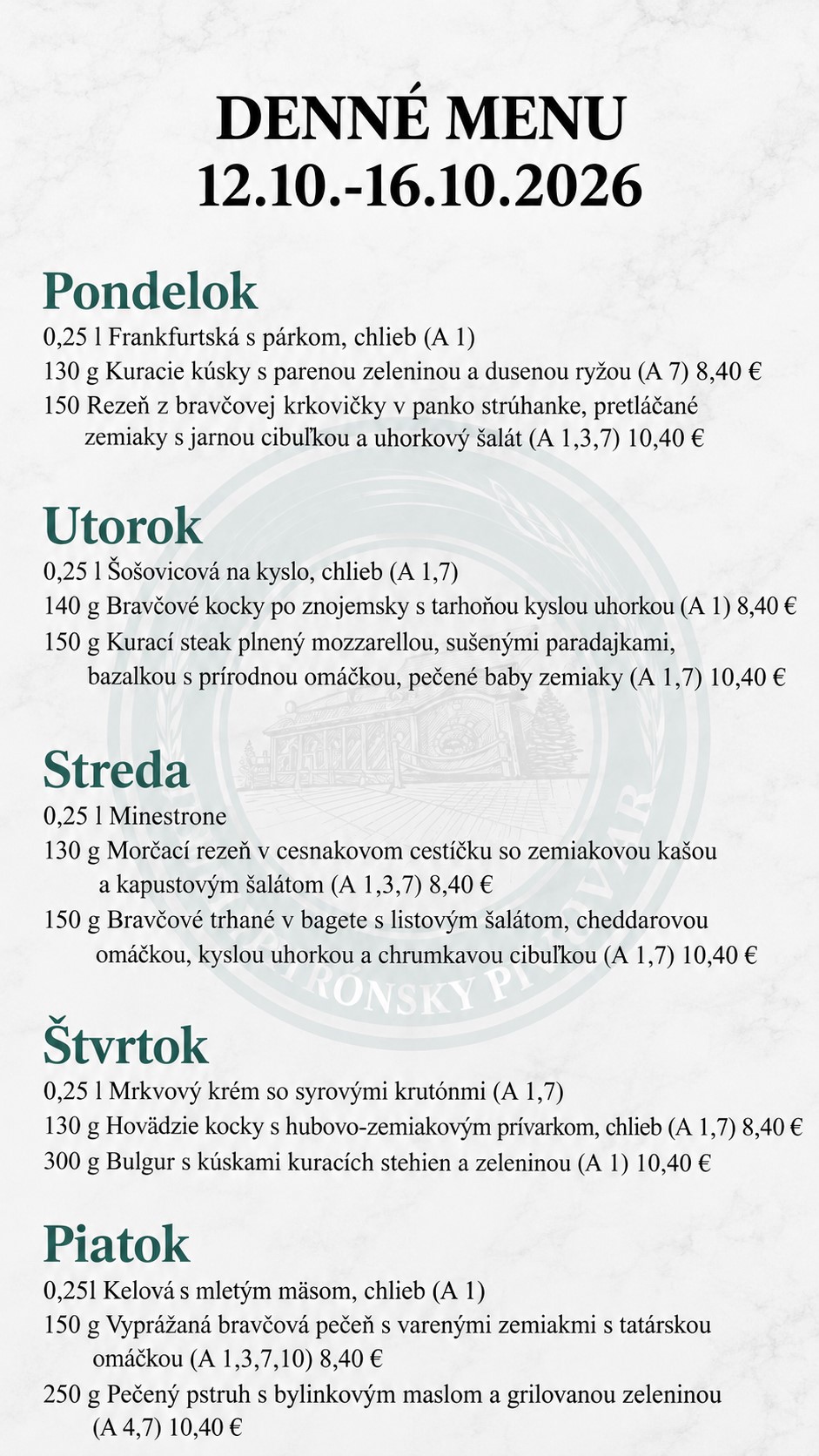 Denné menu reštaurácie Patrónsky pivovar