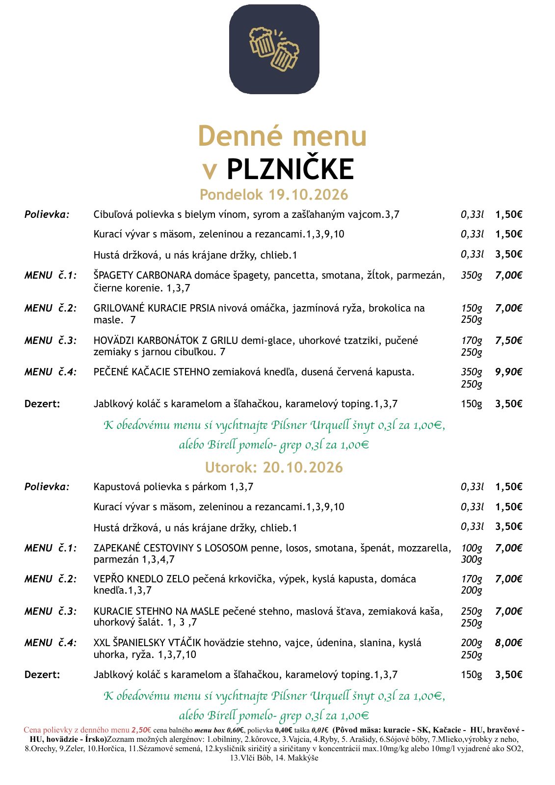 Denné menu reštaurácie Plznička — strana 1 z 2