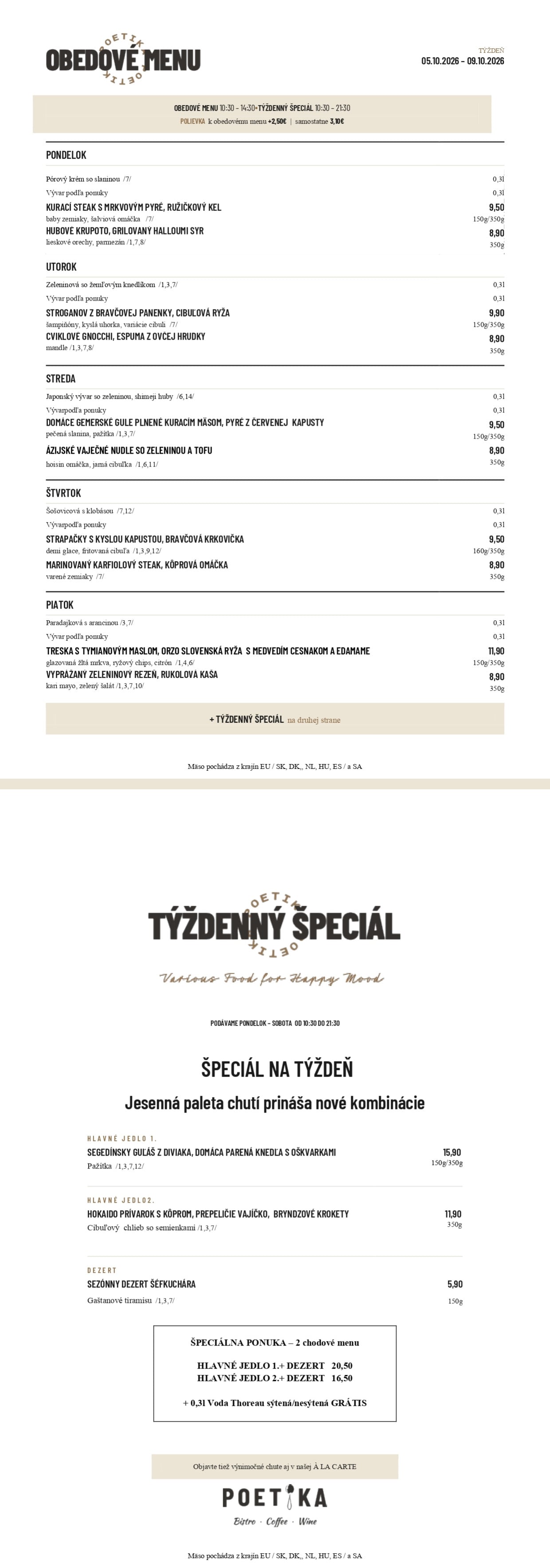 Denné menu reštaurácie Poetika