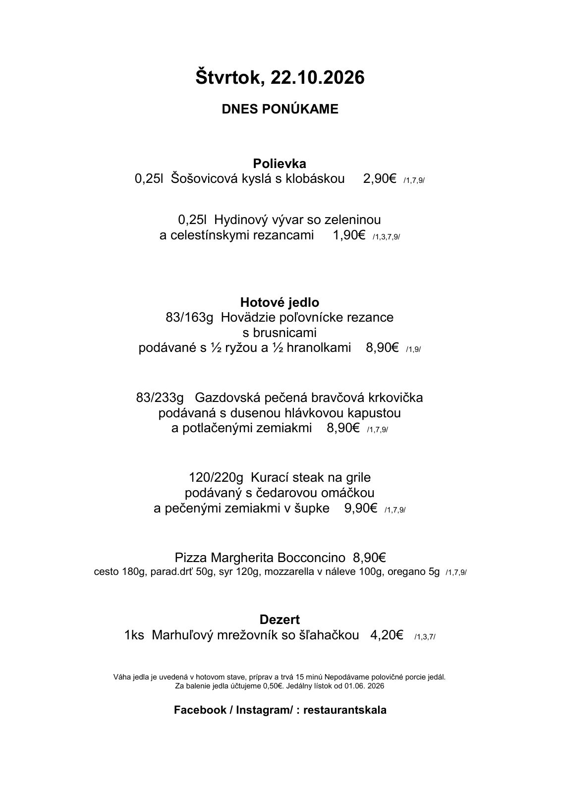 Denné menu reštaurácie Restaurant SKALA
