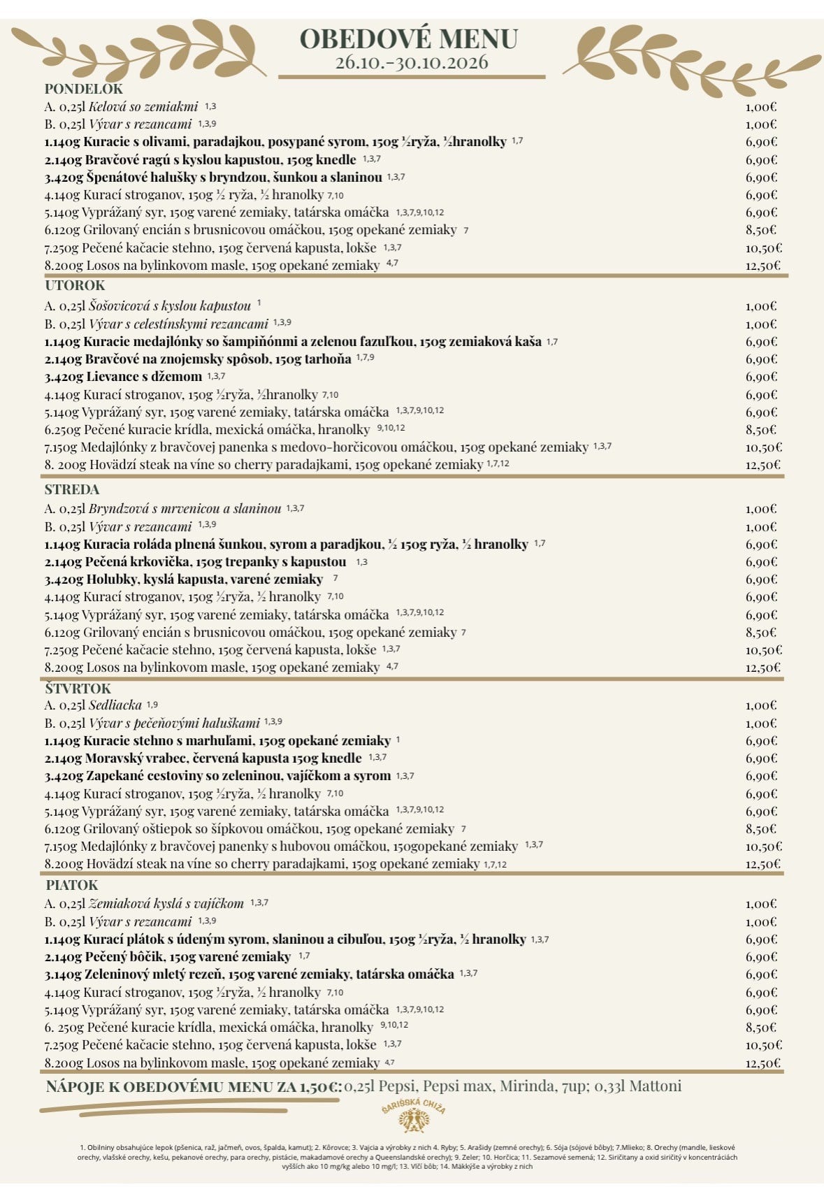 Denné menu reštaurácie Šarišská Chiža