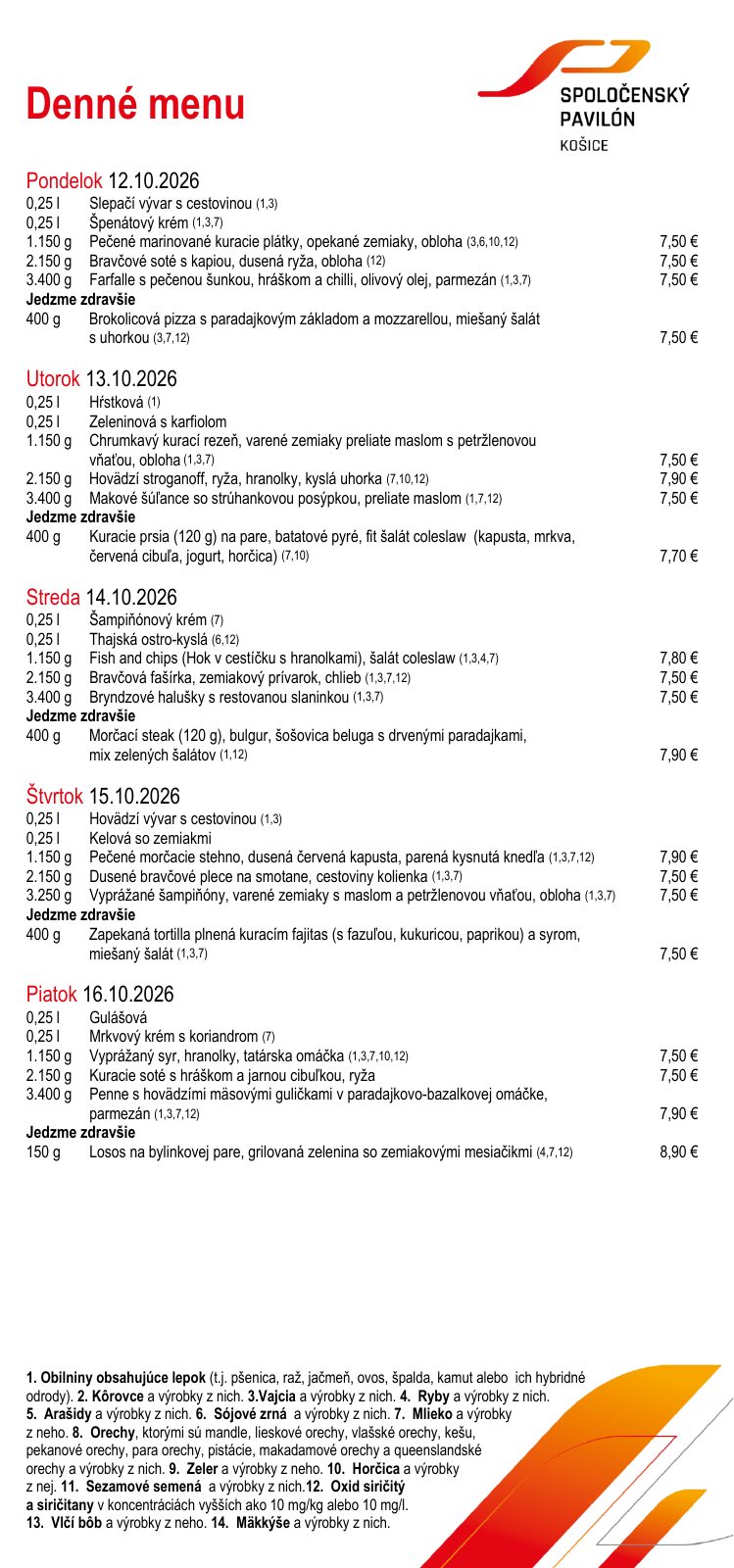 Denné menu reštaurácie Spoločenský pavilón