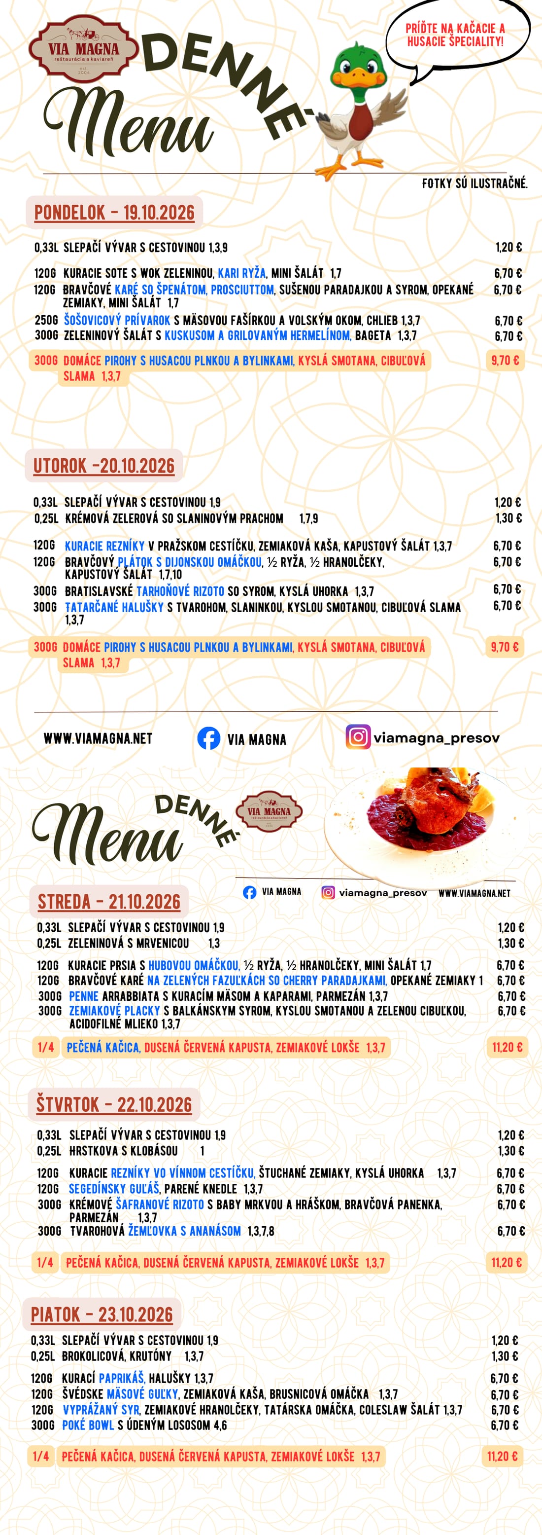 Denné menu reštaurácie Via Magna